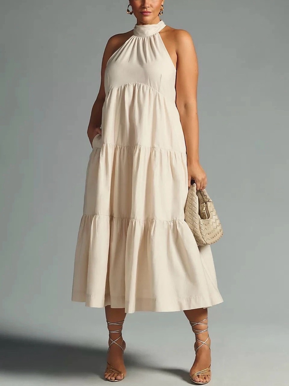 Anthropologie Maeve Tiered Halter Cotton Midi Cream Boho Cottagecore Wedding 16W